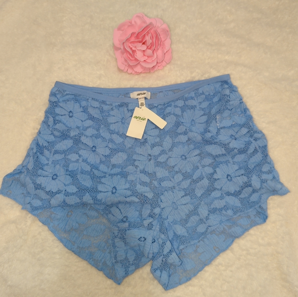 aerie Powder Blue Floral Full Lace shorts Coquette Festival Cottagecore Size XS